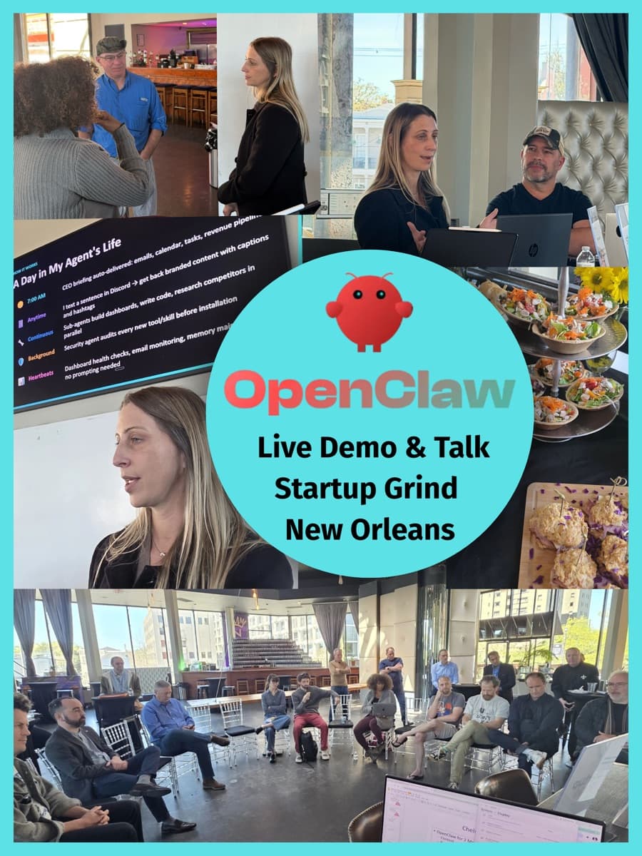 Chelsea Hulin presenting AI agents and OpenClaw at Startup Grind New Orleans to business leaders